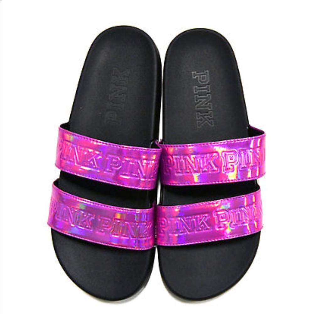 Victoria Secret Pink Double Strap Metallic Slides